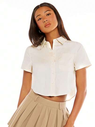 SHEIN BASICS 素色前紐扣短款襯衫