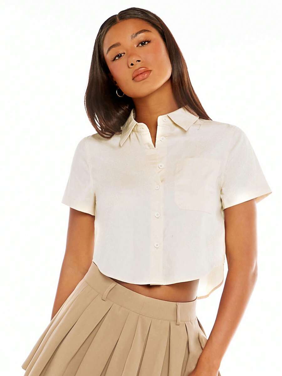 SHEIN BASICS 素色前紐扣短款襯衫 - 米色 - 查看 1