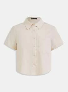 SHEIN BASICS 素色前紐扣短款襯衫 - 米色 - 查看 2