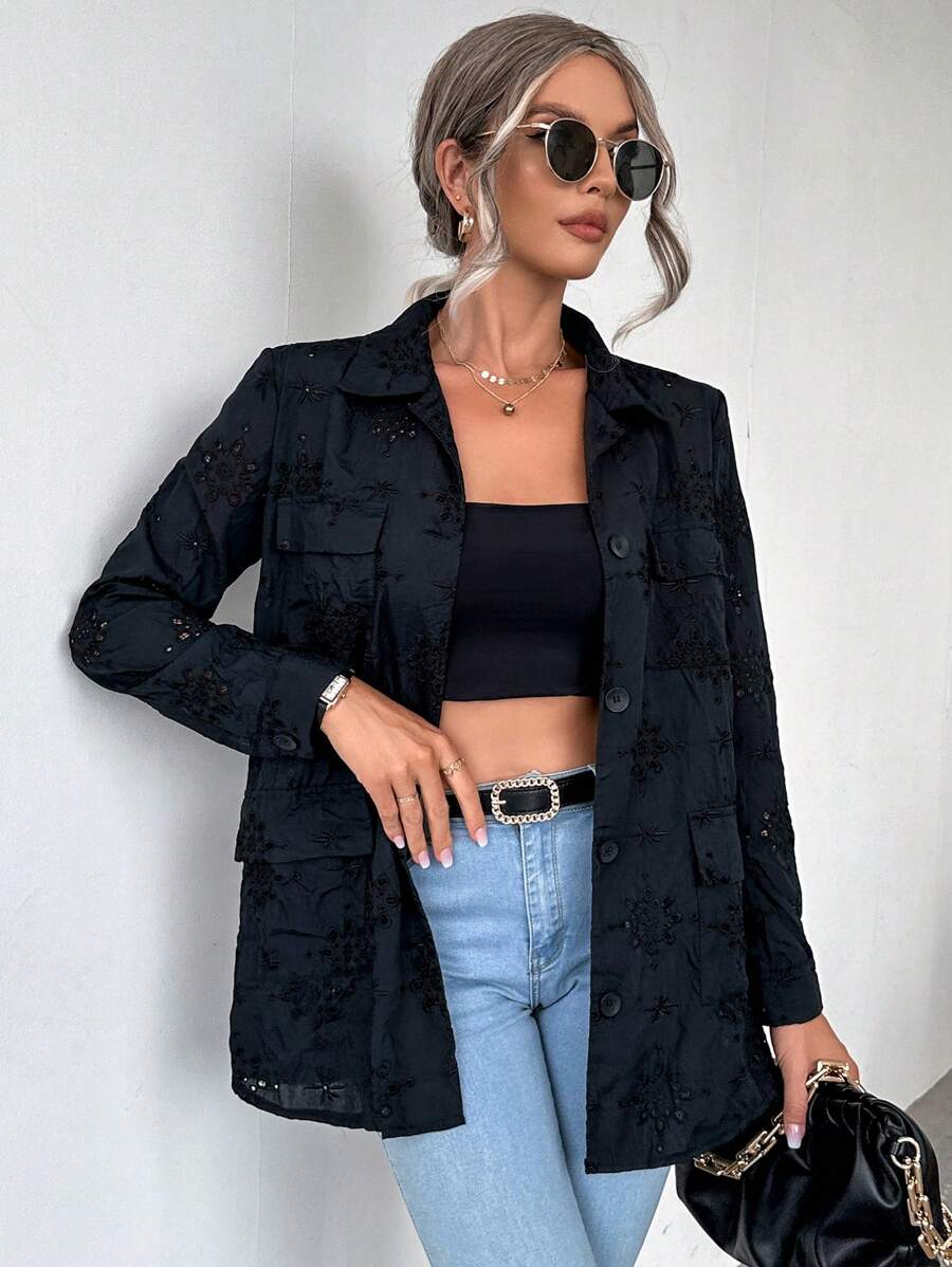 SHEIN Essnce Eyelet Embroidery Flap Detail Button Front Coat - Black - View 1