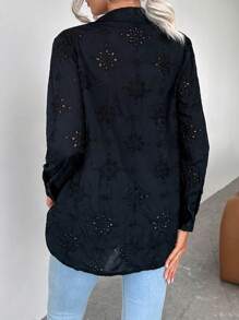 SHEIN Essnce Eyelet Embroidery Flap Detail Button Front Coat - Black - View 2