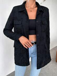SHEIN Essnce Eyelet Embroidery Flap Detail Button Front Coat - Black - View 4