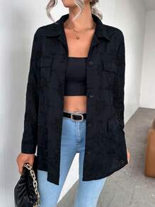 SHEIN Essnce Eyelet Embroidery Flap Detail Button Front Coat - Black - View 5