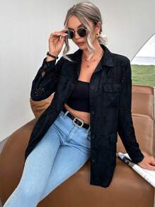 SHEIN Essnce Eyelet Embroidery Flap Detail Button Front Coat - Black - View 6