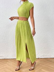 SHEIN Essnce 小高領蝙蝠袖短款上衣&高衩半身裙 - 橄欖綠 - 查看 3