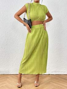 SHEIN Essnce 小高領蝙蝠袖短款上衣&高衩半身裙 - 橄欖綠 - 查看 4