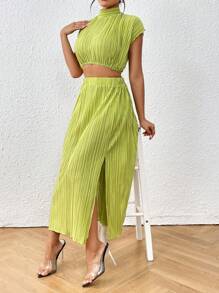 SHEIN Essnce 小高領蝙蝠袖短款上衣&高衩半身裙 - 橄欖綠 - 查看 6