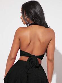 SHEIN SXY 素色露背繞頸短上衣 - 黑色 - 查看 2