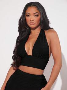 SHEIN SXY 素色露背繞頸短上衣 - 黑色 - 查看 5