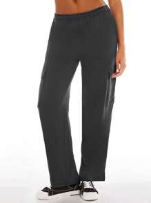 SHEIN BASICS Flap Pocket Side Cargo Trousers - Dark Grey - View 7