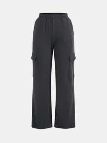SHEIN BASICS Flap Pocket Side Cargo Trousers - Dark Grey - View 3