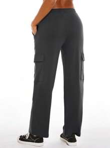 SHEIN BASICS Flap Pocket Side Cargo Trousers - Dark Grey - View 2
