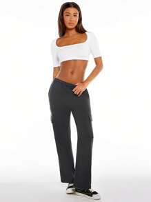 SHEIN BASICS Flap Pocket Side Cargo Trousers - Dark Grey - View 5