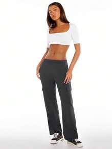 SHEIN BASICS Flap Pocket Side Cargo Trousers - Dark Grey - View 6