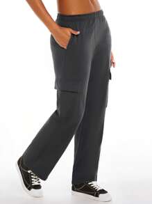 SHEIN BASICS Flap Pocket Side Cargo Trousers - Dark Grey - View 4