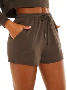 SHEIN BASICS Shorts deportivos lisos con bolsillo oblicuo y cintura con cordón de felpa de felpa - Café integral - Ver 7
