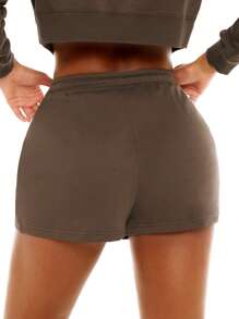 SHEIN BASICS Shorts deportivos lisos con bolsillo oblicuo y cintura con cordón de felpa de felpa - Café integral - Ver 2