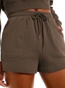 SHEIN BASICS Shorts deportivos lisos con bolsillo oblicuo y cintura con cordón de felpa de felpa - Café integral - Ver 4