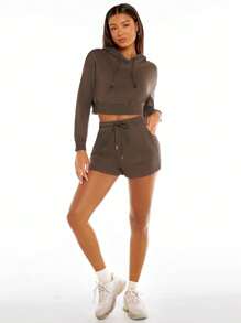 SHEIN BASICS Shorts deportivos lisos con bolsillo oblicuo y cintura con cordón de felpa de felpa - Café integral - Ver 5