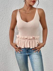 SHEIN Privé Ruffle Trim Cami Knit Top - Apricot - View 1