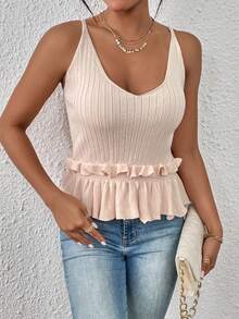 SHEIN Privé Ruffle Trim Cami Knit Top - Apricot - View 4