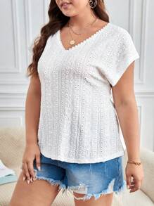 SHEIN Frenchy 大碼蕾絲拼接V領T恤 - 白色 - 查看 4