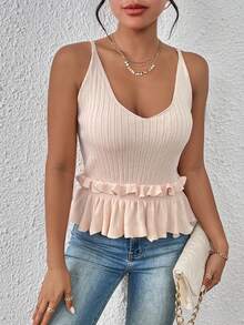 SHEIN Privé Ruffle Trim Cami Knit Top - Apricot - View 5