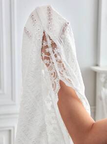 SHEIN Frenchy 大碼蕾絲拼接V領T恤 - 白色 - 查看 7