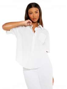 SHEIN BASICS 素色口袋貼布前紐扣襯衫