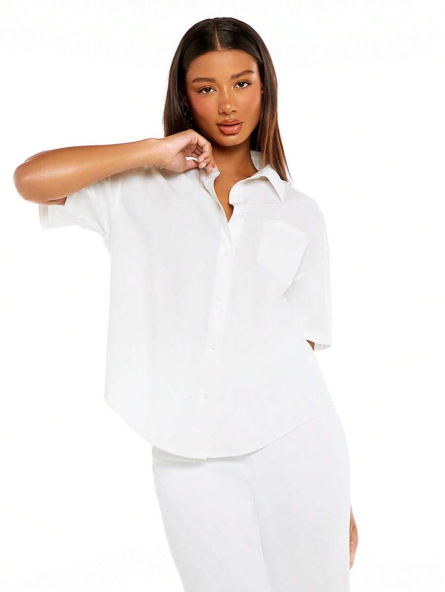 SHEIN BASICS 素色口袋貼布前紐扣襯衫