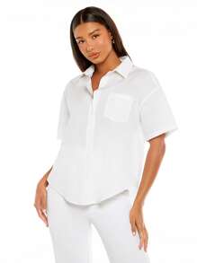SHEIN BASICS 素色口袋貼布前紐扣襯衫