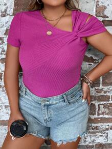 SHEIN LUNE Hơn Mặt trước xoắn Cổ không đối xứng Áo thun - Màu đỏ tím - Xem 1