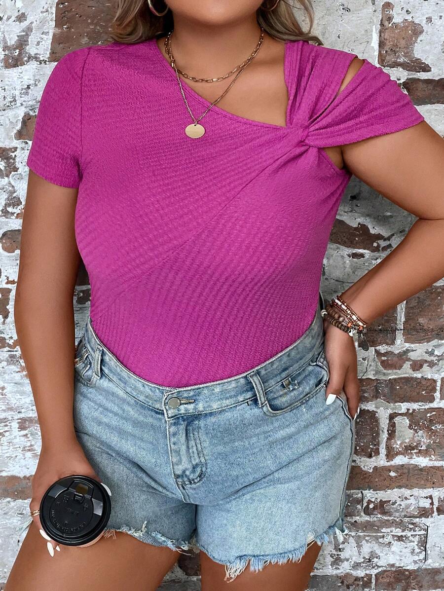 SHEIN LUNE Hơn Mặt trước xoắn Cổ không đối xứng Áo thun - Màu đỏ tím - Xem 1