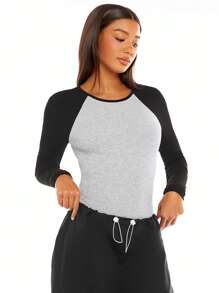 SHEIN BASICS Colourblock Raglan Sleeve Bodysuit - Light Grey - View 1