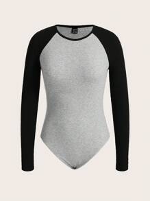 SHEIN BASICS Colourblock Raglan Sleeve Bodysuit - Light Grey - View 2