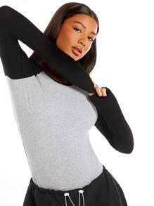 SHEIN BASICS Colourblock Raglan Sleeve Bodysuit - Light Grey - View 4