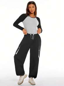 SHEIN BASICS Colourblock Raglan Sleeve Bodysuit - Light Grey - View 5