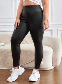 SHEIN Frenchy 纯色高腰 PU 皮革紧身裤，适合冬季 - 黑色 - 查看 5