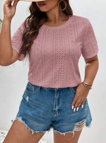 SHEIN Frenchy Plus Solid Eyelet Embroidery Tee - Dusty Pink - View 1
