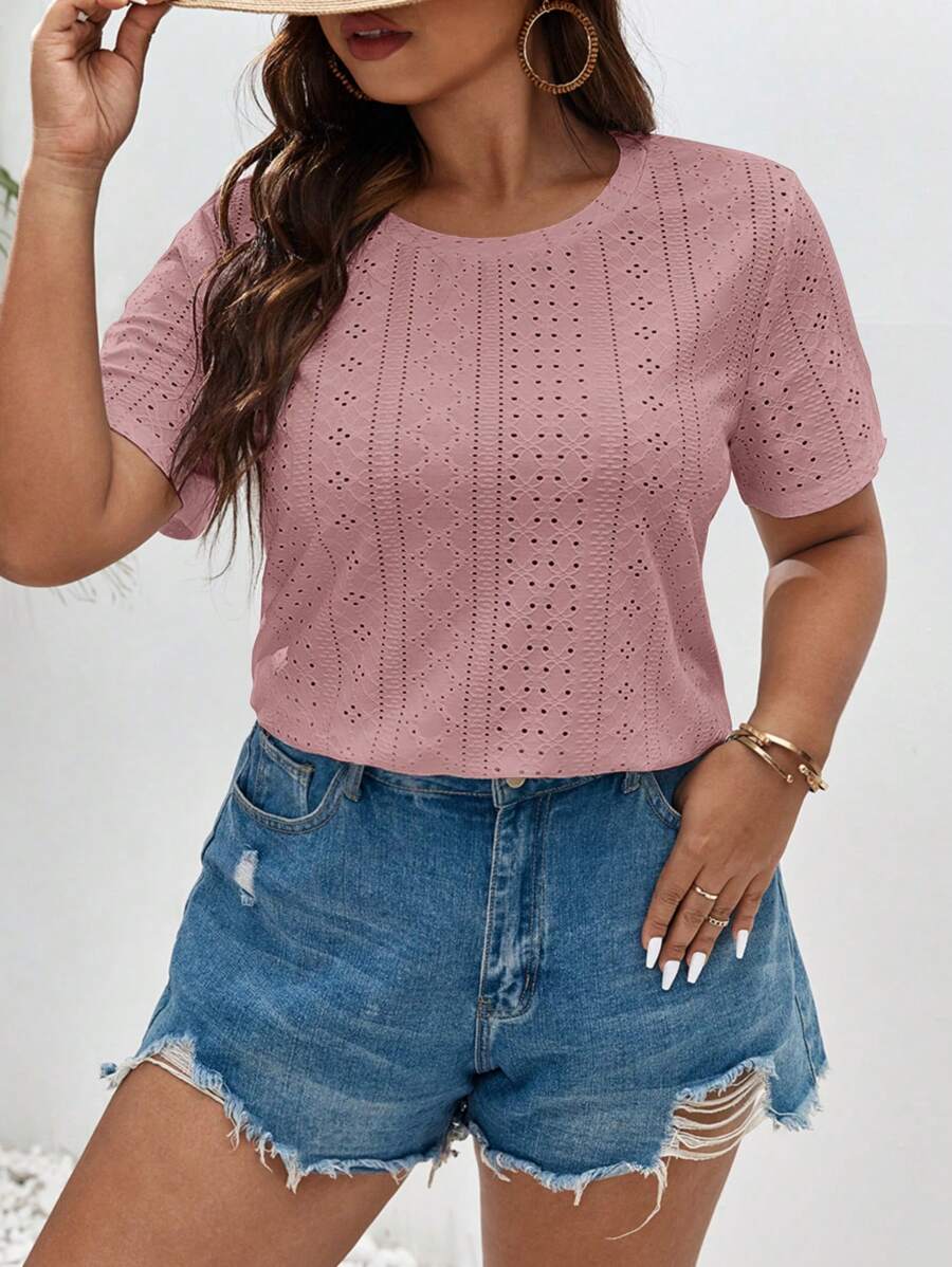 SHEIN Frenchy Plus Solid Eyelet Embroidery Tee - Dusty Pink - View 1