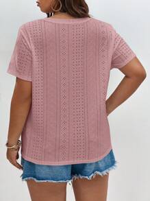 SHEIN Frenchy Plus Solid Eyelet Embroidery Tee - Dusty Pink - View 2