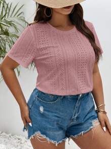 SHEIN Frenchy Plus Solid Eyelet Embroidery Tee - Dusty Pink - View 4