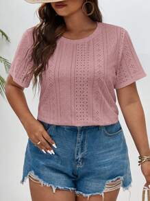 SHEIN Frenchy Plus Solid Eyelet Embroidery Tee - Dusty Pink - View 5