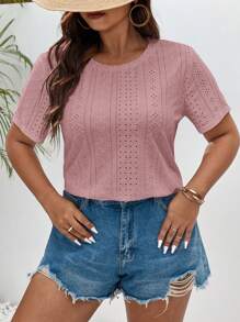 SHEIN Frenchy Plus Solid Eyelet Embroidery Tee - Dusty Pink - View 6