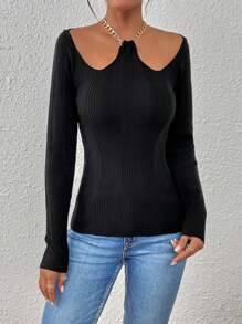 SHEIN Privé Chi tiết chuỗi Đồ đan Ribbed Áo len - màu đen - Xem 4