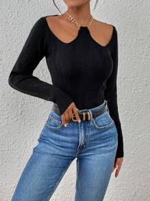 SHEIN Privé Chi tiết chuỗi Đồ đan Ribbed Áo len - màu đen - Xem 5