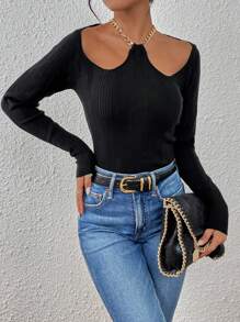 SHEIN Privé Chi tiết chuỗi Đồ đan Ribbed Áo len - màu đen - Xem 6