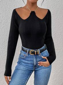 SHEIN Privé Chi tiết chuỗi Đồ đan Ribbed Áo len - màu đen - Xem 7