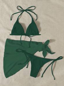 SHEIN Swim 素色比基尼套裝三角形文胸和丁字褲下裝和沙灘裙3入組泳衣 - 墨綠色 - 查看 2