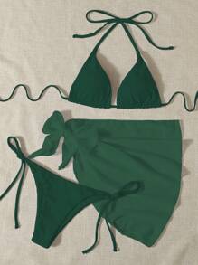 SHEIN Swim 素色比基尼套裝三角形文胸和丁字褲下裝和沙灘裙3入組泳衣 - 墨綠色 - 查看 3